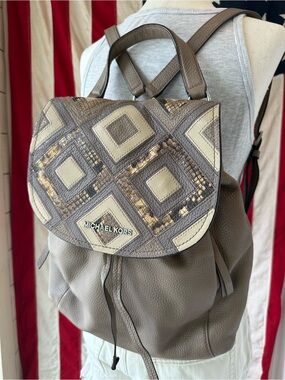 Michael Kors Backpack Riley Large Leather Exotic Patchwork Snakeskin Taupe